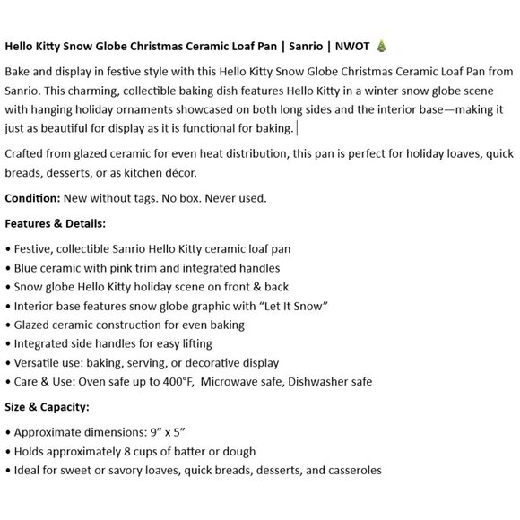 Hello Kitty Snow Globe Christmas Ceramic Loaf Pan - Sanrio NWOT 🎄 - Picture 2 of 6